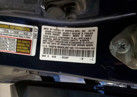 2006 Honda Civic Ex из США, поврежденный, VIN 1HGFA168X6L067143